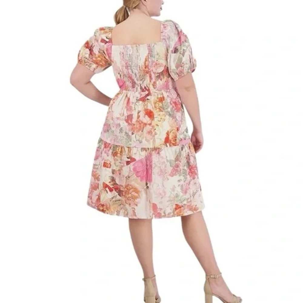 NWT Vince Camuto Tiered Dress 24W Plus Watercolor Floral Smocked Puff Sleeve - Picture 2 of 8